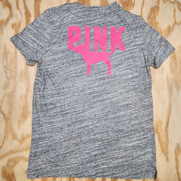 Victorias Secret Pink Womens Small Campus Tee Shirt Marl Gray Neon Pink Logo Dog - Picture 1 of 6